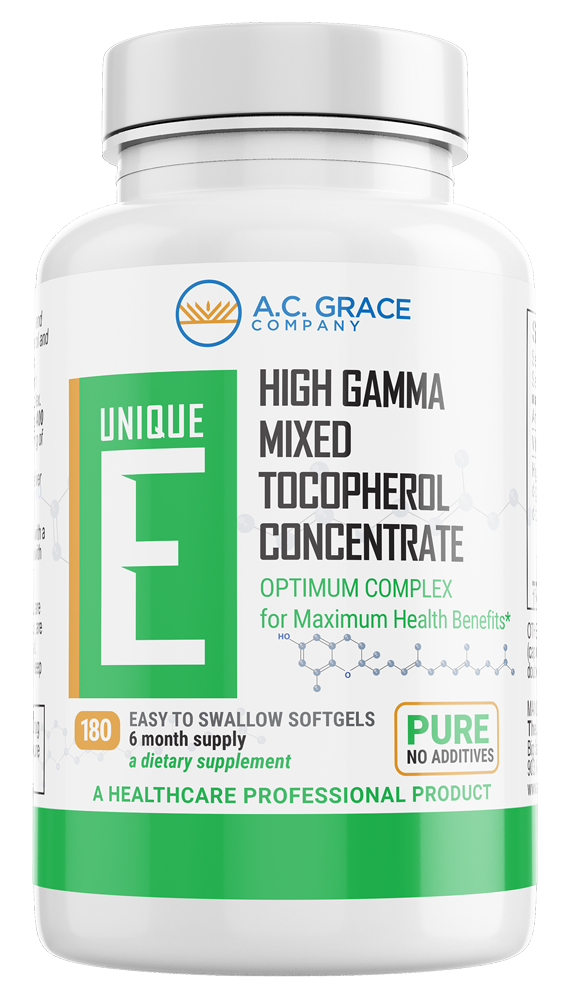 AC Grace, UNIQUE E High Gamma Mixed Tocopherol, 180 Softgels UPC 894612001001 | HiLife Vitamins